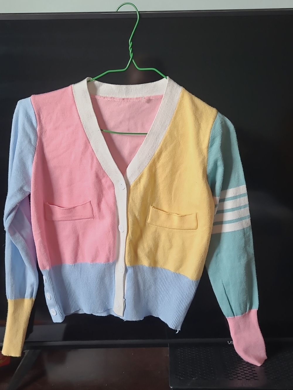 Pastel Colorblock V-Neck Cardigan Sweater for Kids - Pink, Yellow, Light Blue
